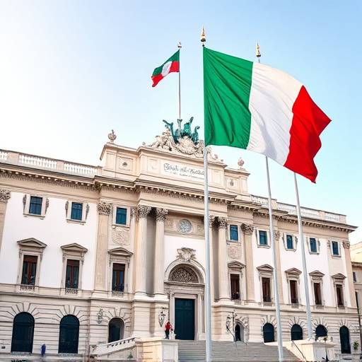 Il Palazzo Chigi, sede del governo italiano, con la bandiera italiana che sventola
