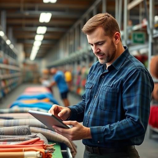Un operaio utilizza un tablet per monitorare la produzione in una fabbrica tessile a Prato