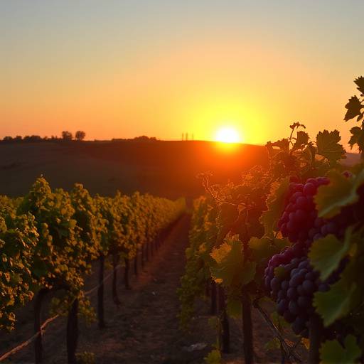Un vigneto nelle colline toscane al tramonto, con filari di viti carichi di uva