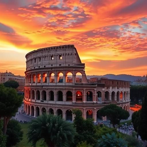 Una veduta panoramica di Roma al tramonto, con il Colosseo illuminato in lontananza